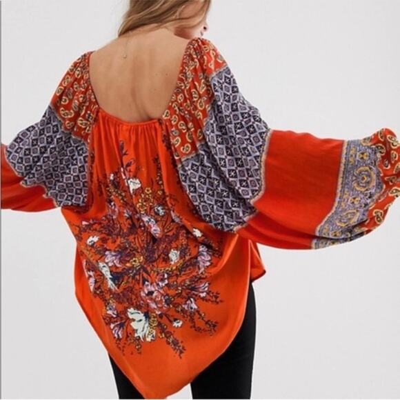 Free People Top Fall XS Blouse Oversized Flowy Cottage Boho Shirt Billowy 70s - Picture 3 of 17
